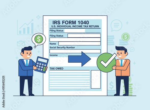 Two businessmen discuss tax forms with calculator and checklist nearby indoors