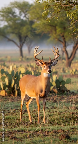 Majestic buck stands proudly in a sunlit meadow, observing surroundings.