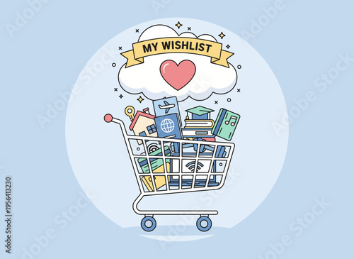 Shopping cart filled with various products under a thought bubble with wishlist and heart