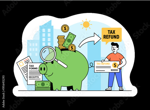 A man receives a tax refund while examining financial documents and coins with a magnifying glass near a piggy bank.