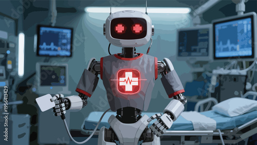 Medical Robot with Glowing First Aid Symbol in Hospital Room healthcare technology.