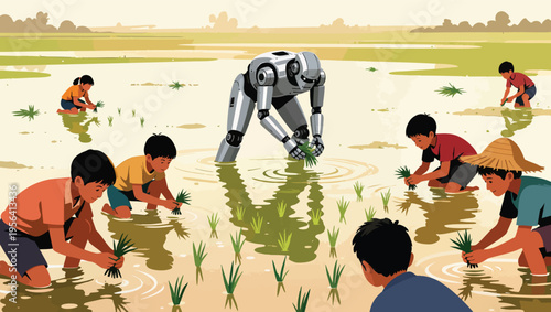 Robot and children planting rice in a paddy field, blending tradition and technology vector illustration.