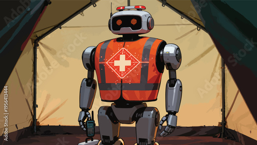Medical Robot with First Aid Symbol and Communication Device Inside Tent health emergency.