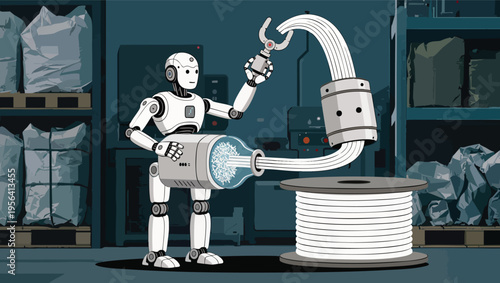 Robot assembling a large spool of wire with a robotic arm in a factory setting industrial manufacturing.