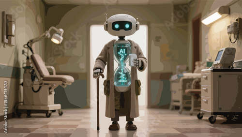 Robot doctor with AI symbol in hourglass holding cane in medical examination room android artificial intelligence.