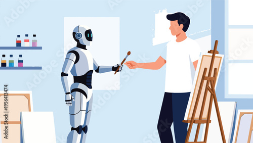 Robot Handing Paintbrush to Artist in Bright Studio with Canvases painting.
