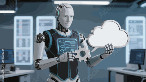 Robot holding a cloud icon and a gear in a server room with glowing screens computing data.