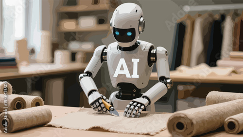 Robot with AI logo cutting fabric with a knife in a tailor shop or workshop artificial intelligence.
