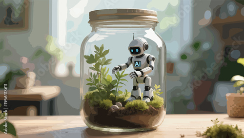 Robot with AI logo inside a glass jar terrarium with plants and soil artificial intelligence automation.