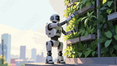 Robot with AI logo tending to a vertical garden on a building rooftop with city skyline artificial intelligence.