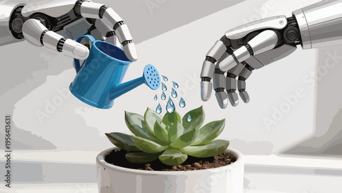 Robotic hands carefully watering a green succulent plant in a white pot with a blue watering can vector.