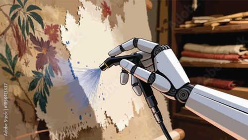 Robotic Hand Spray Painting a Floral Pattern on a Canvas vector illustration.