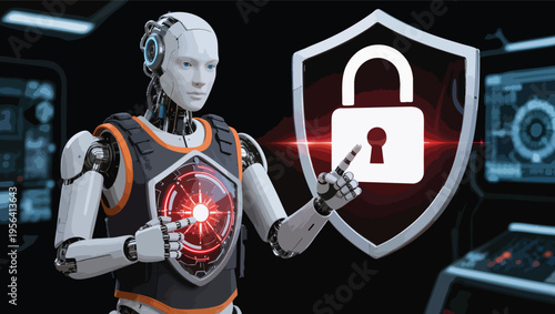 White robot with blue eyes touching a glowing padlock symbol on a shield android artificial intelligence.