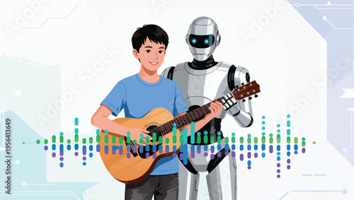 Teenager playing an acoustic guitar with a robot companion against a backdrop of sound waves android.