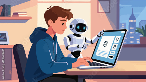 Young boy and a friendly robot collaborating on a laptop in a cozy room with a city view child android.