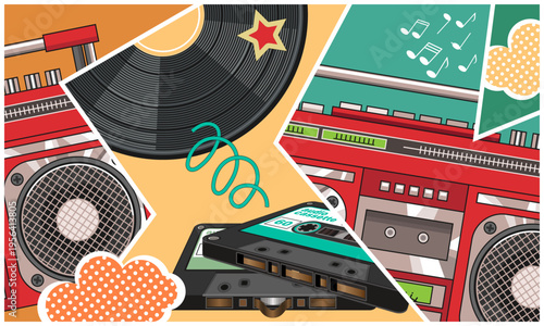 A collage, poster, flyer with an 80s vibe featuring a tape recorder, audio cassettes, vinyl record and various decorative elements. Vector illustration
