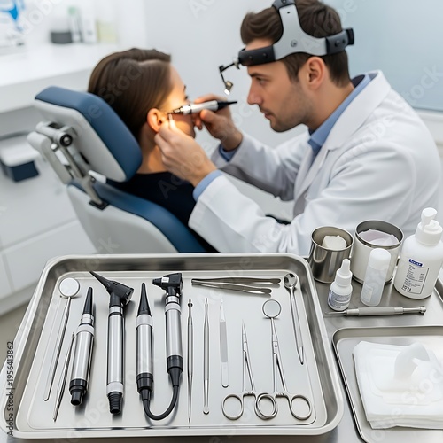 Medical professional examining patients ear with specialized tools.