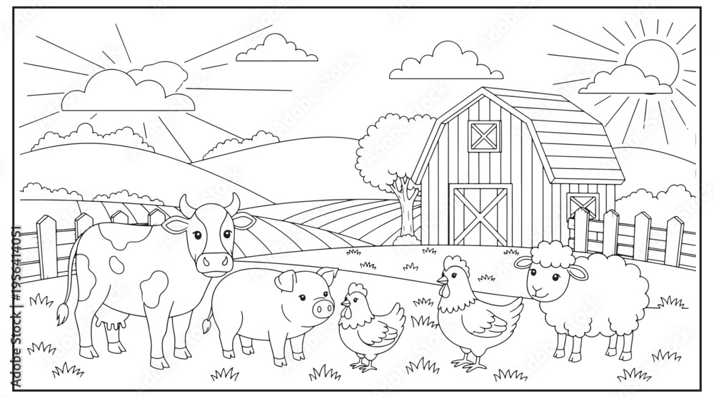 Obraz premium A peaceful farm scene with a barn animals and bright sunlight above