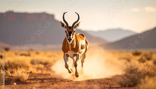 A Majestic Antelope Gallops Through the Arid African Savannah at Sunrise.
