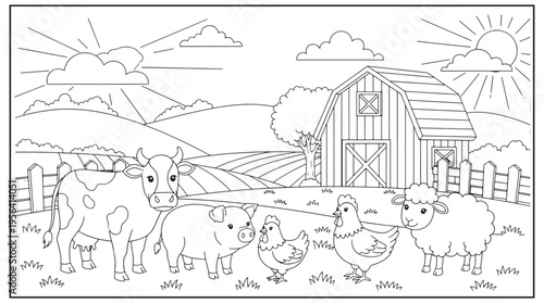 A peaceful farm scene with a barn animals and bright sunlight above