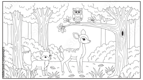 A charming forest scene featuring an owl deer and fawn in a detailed sketch