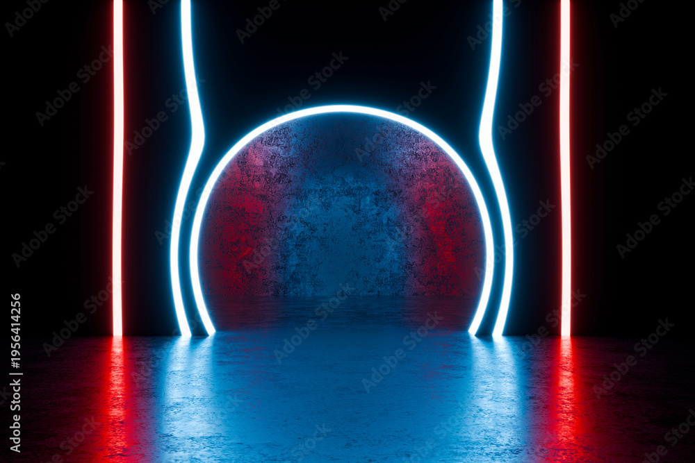 Fototapeta premium Futuristic Neon Roon with Glowing Blue and Red Lights, Sci-Fi Background