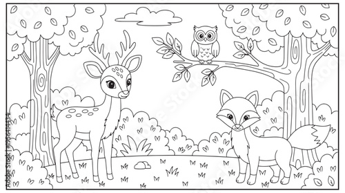 A charming forest scene with a deer fox owl and detailed foliage