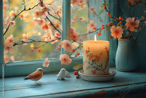 Flower garden with lit candle and birds on illuminated window
