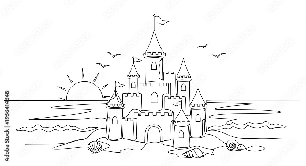 Naklejka premium Creating a Magical Sand Castle on a Sunny Beach During a Joyful Summer Vacation With Gentle Waves Lapping at the Shore and a Dazzling Sunset in the Background