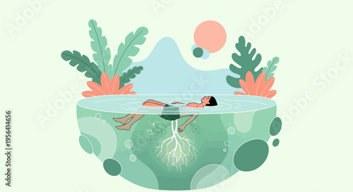 Conceptual illustration of a person floating in water with roots growing into the earth, symbolizing mental wellness, mindfulness, and grounding with nature.