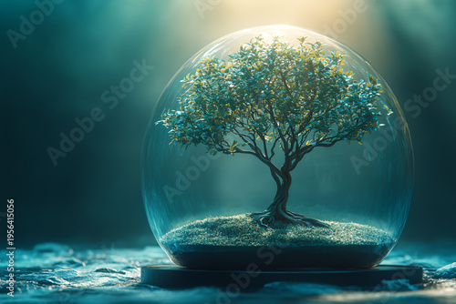  Glass vase with a miniature tree surrounded by lush moss.