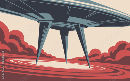 Cinematic UFO Landing Scene Vector Illustration Designed As A Fun Colo