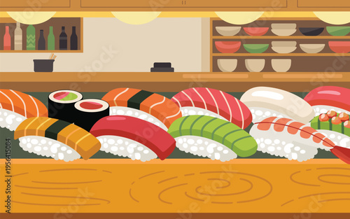 Cozy Sushi Restaurant Counter Featuring Various Nigiri Rolls Coloring 