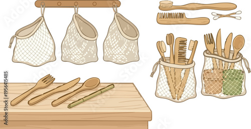 Web Bamboo Personal Care and Kitchen Essentials Vector Set - Zero Waste Bathroom and Plastic Free Cutlery Kit - Sustainable Reusable Products Illustration