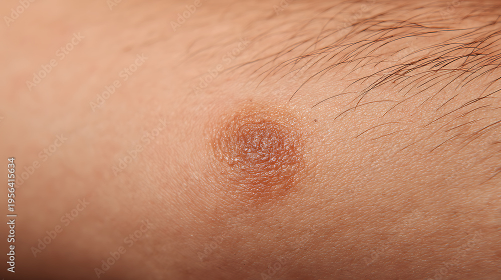 Naklejka premium Close-up of a small, textured skin lesion on an arm, showing intricate detail of the raised surface and surrounding skin hair on a neutral background