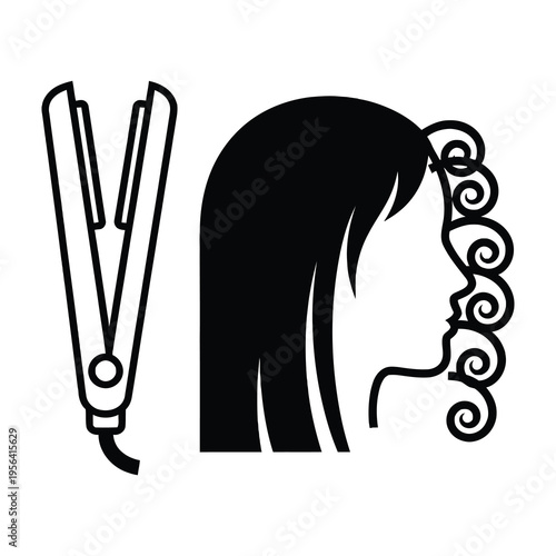 Woman with curly hair and hair straightener illustration in black silhouette on white background