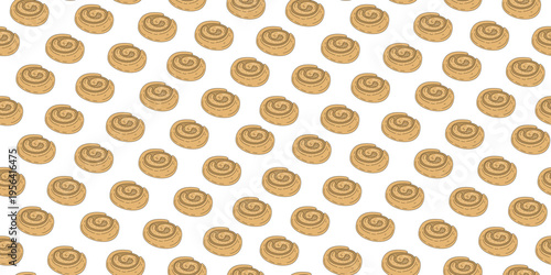 Sweet cinnamon bun, colored sketch, drawing, doodle. Seamless pattern. Delicious baked goods, sweet nutritious snack. Hand-drawn element for cafes, pastries, menus, recipes, background.