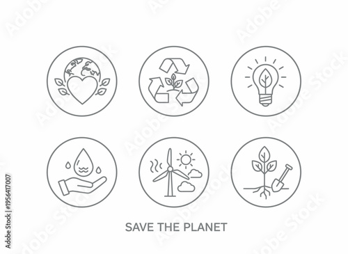 Eco friendly icons illustrate ways to save the planet with green actions