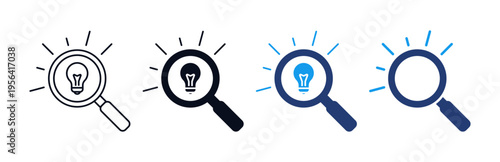 Idea search icon set with magnifying glass and light bulb symbols icons representing innovation, Creative thinking, insight discovery, innovation signs and creativity
