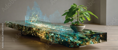 Designed table with greenery and digital images creating a unique environment.