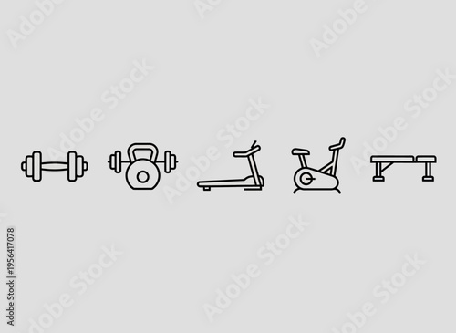 A line of gym equipment including a dumbbell, kettlebell, rowing machine, exercise bike, and barbell on display