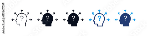Decision making icon set. human head with question mark and arrows, overthinking icons representing thinking, choice, doubt, and strategy and problem solving