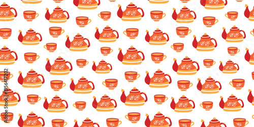 Cute cartoon teapot and teacup. Seamless pattern. Hot drink. Set of bright, hand-drawn ceramic teaware. Repeating background.