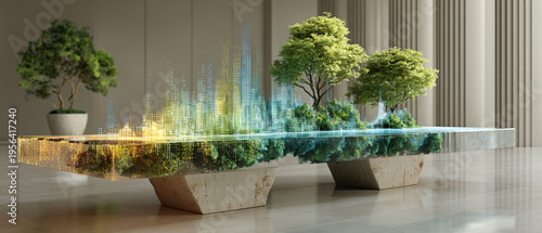 Futuristic table with plant and holographic projection highlighting nature.