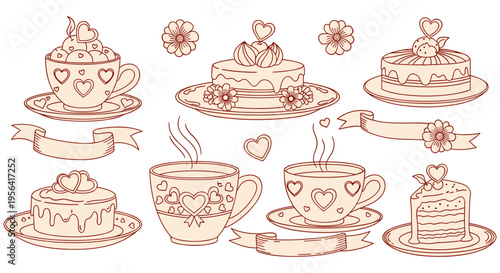 Whimsical romantic coffee cake illustrations in soft peach color on white background for Valentines Day