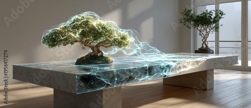 Potted plant arrangement on modern table with digital projection.
