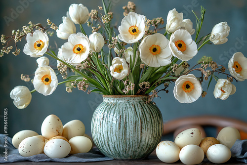 Fresh flowers in a decorative vase with white eggs in a cozy background