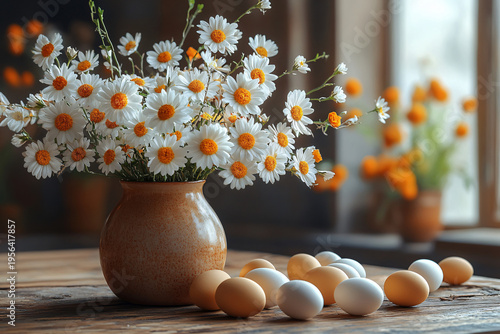 Vase of white and yellow flowers with eggs beside it in a serene setting