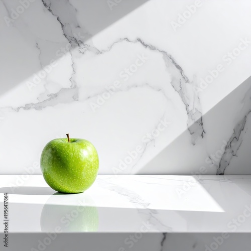 Green apple on white countertop, lit by a streak of sunlight against marble