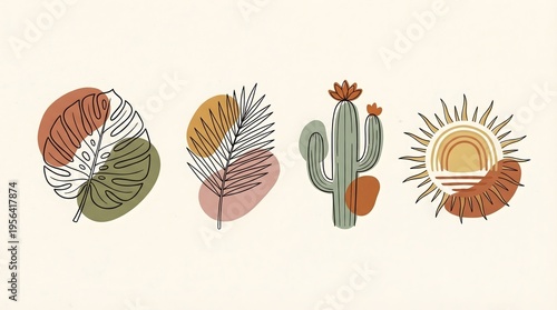 Modern boho botanical abstract line art illustrations set with tropical leaves, desert cactus, and sun motifs. Earthy aesthetic vector collection
